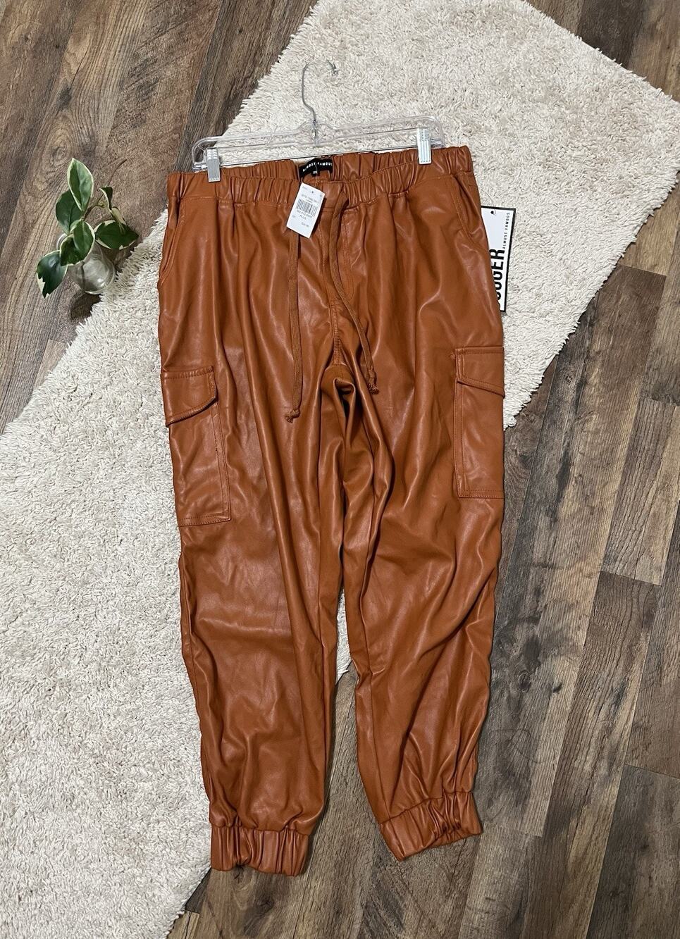 Almost Famous Size 2X Brown Vegan Leather Mid-Rise Cargo Jogger Pants NWT